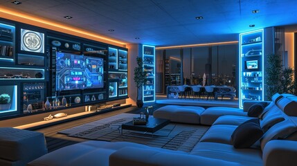Smart Home Integration: Futuristic Living Room in the Evening - obrazy, fototapety, plakaty