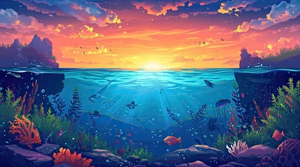Foto op Plexiglas Long banner with underwater world and vivid sunset sky. Transparent deep water of the ocean or sea with rocks, fish and plants. © Gosgrapher