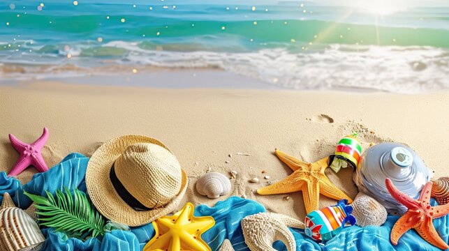 Summer travel and beach holiday background. Straw hat with a exotic cocktail and sunglasses Beach Sea travel accessories for photograph.