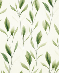 Obraz premium Seamless pattern of retro vintage delicate green leaf background hand drawn plant leaves and stems with watercolor art style with light and dark green leaf veins and texture on pale background.
