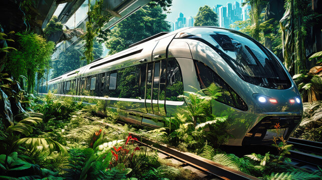 Futuristic supersonic train or hyperloop ultrasonic train capsule with fully activated automatic driving system in the city. Ecology.