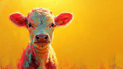 detailed illustration of a print of colorful cow