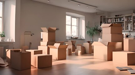 Lots of paperboard boxes in new apartment. Moving to a new house. Empty household space with cardboard boxes used for relocation, moving home furniture in carton containers and storage equipment. No