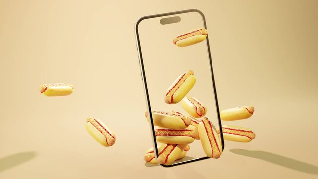 3d animation of hot dogs grill with mustard on mobile display against beige surface