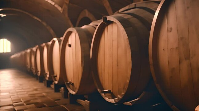 AI generated video of wooden barrels in winery. Aged wooden barrels with wine , brandy or whiskey in big warehouse. Dolly , gimbal movement. long row of wine barrels at vintage winery with alcohol