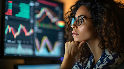 Broker trader business woman with glasses market analyst studding charts in front of computer display setup, financial technology concept
