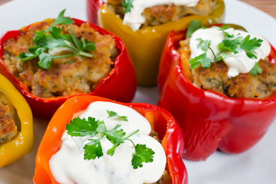 hearty dish. Stuffed multi-colored peppers with sour cream and parsley as a decoration lie on a white plate close-up, delicious food concept