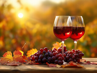 Glasses of red wine and ripe grapes on table in blurred vineyard.