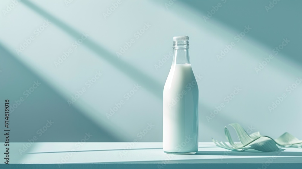 Poster a bottle of milk sitting on top of a table next to a piece of paper on top of a wooden table next to