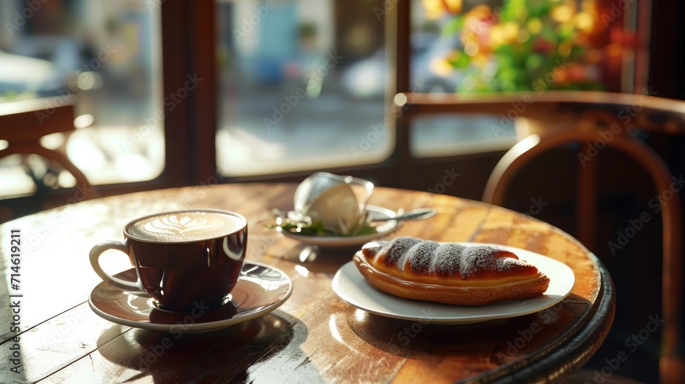 Aufkleber a pastry on a plate next to a cup of coffee on a wooden table in front of a window with a view of a 