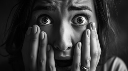 Capturing Fear: Monochrome Portrait of a Terrified Woman. Generative AI
