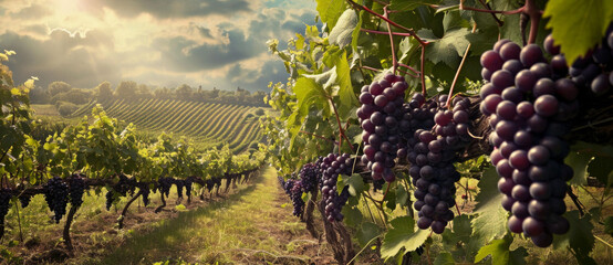Ripe grapes dangle in a vineyard, ready for harvest, with rolling hills of vines basking in the soft glow of the sun