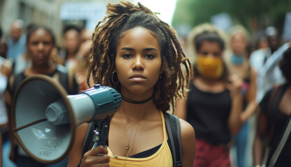 Obraz premium Megaphone, woman and people for human rights or justice with freedom of speech in city street.