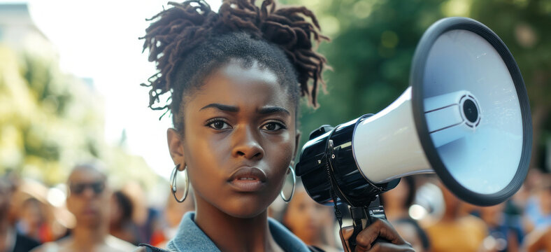 Megaphone, woman and people for human rights or justice with freedom of speech in city street.
