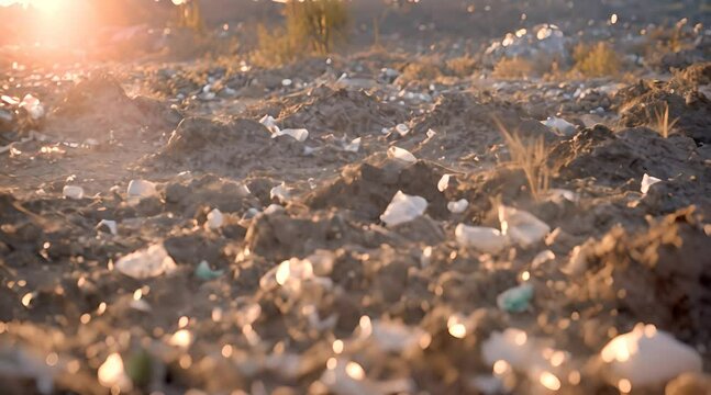 Plastic soil pollution. Environmental problems, ecology concept. solid waster disposal site. Plastic waste. Discarded Garbage from Plastic Bottles, Plastic Bags. Garbage pit, dump, waste in nature
