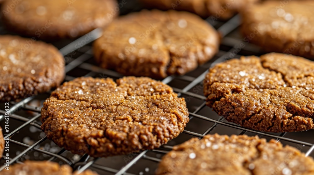 Poster a close up of a cooling rack with cookies on it and one cookie in the middle of the rack and one coo