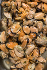 Mussel meat in oil. Close-up