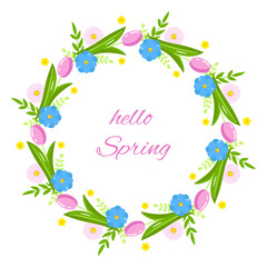 Vector spring tulips flowers wreaths. Round frames with tulips and summer flowers isolated on white background.