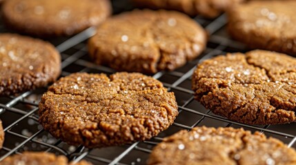  a close up of a cooling rack with cookies on it and one cookie in the middle of the rack and one cookie in the middle of the rack with the cookies on top of the rack.