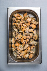Mussel meat in oil. Close-up