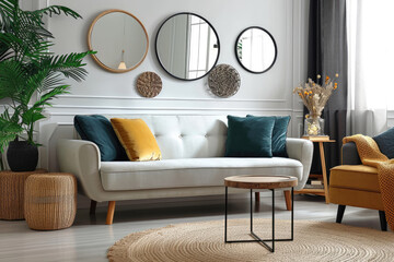 living room with furniture, Modern living room interior with stylish sofa on white wall
