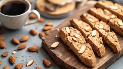  a wooden cutting board topped with cookies and almonds next to a cup of coffee and a plate of cookies and a plate of almonds next to a cup of coffee.