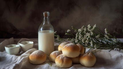  a table topped with rolls and a bottle of milk next to a pile of doughnuts and a bowl of oatmeal next to a bottle of milk.