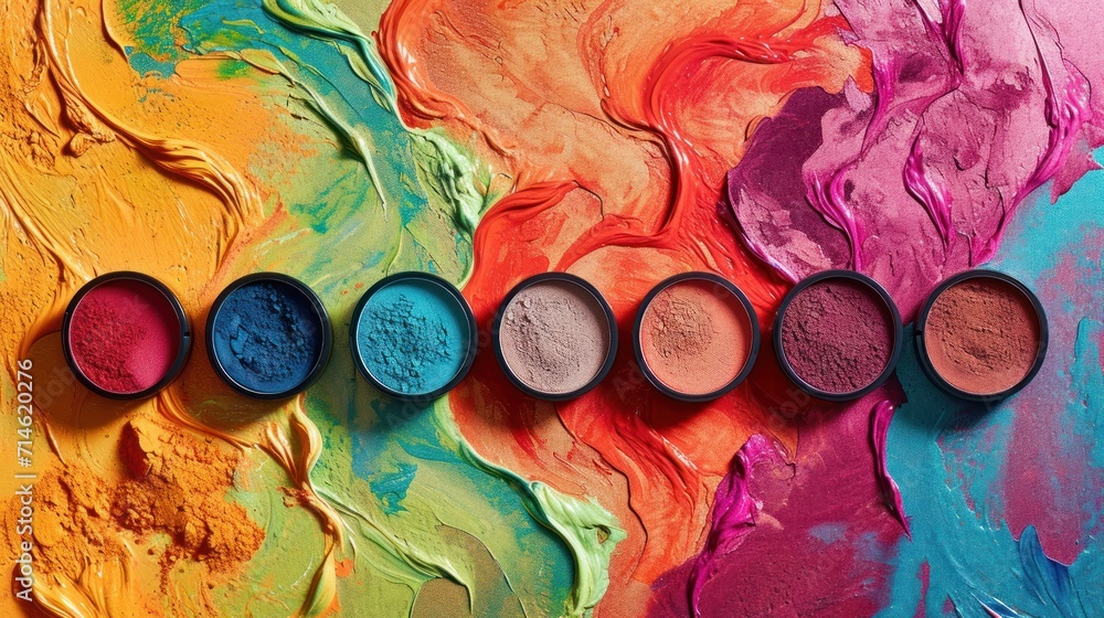 Poster a group of different colored eyeshades sitting on top of a multicolored surface with paint splatters