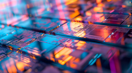 the mesmerizing, reflective surface of a silicon chip in a semiconductor production line. The image is a study in precision and detail, focusing on the mirror-like surface of the chip - obrazy, fototapety, plakaty