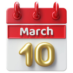 10th March Calendar Icon 3D Render , Calendar Icon 3D Illustration