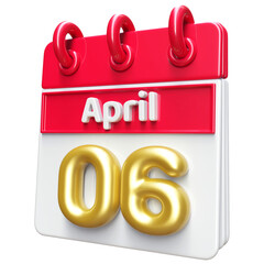 6th April Calendar Icon 3D Render , Calendar Icon 3D Illustration