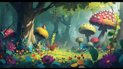 a painting of a forest filled with lots of different types of mushrooms and flowers in the foreground is a forest with lots of trees and flowers in the background.