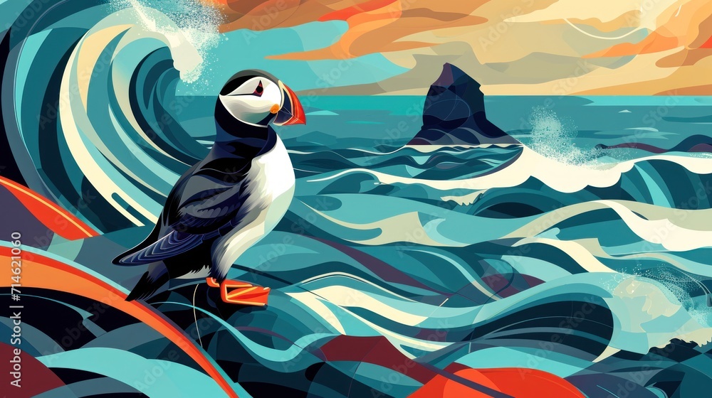 Poster a painting of a bird sitting on top of a tree branch in the middle of a body of water with an island