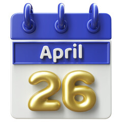 26th April Calendar Icon 3D Render , Calendar Icon 3D Illustration