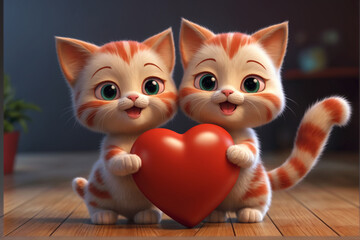 Two sweet kitten cats as a couple, holding a red heart, capturing the essence of love and joy in a 3D cartoon illustration. - obrazy, fototapety, plakaty