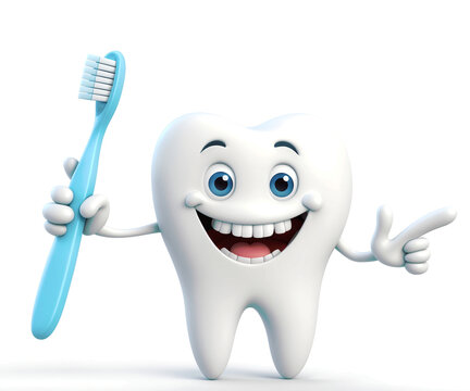A 3D render featuring a cute and joyful tooth character holding a brush, radiating happiness on a white background