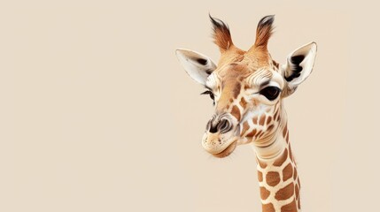  a close up of a giraffe's face with a white background and a brown spot in the middle of the giraffe's neck and the middle of the giraffe's head.