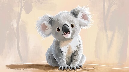  a digital painting of a koala bear sitting on the ground in front of a painting of the same koala bear as it appears to be looking at the viewer.