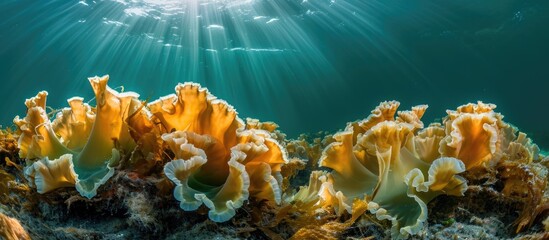 Underwater photograph of laminaria sea kale in a saltwater ocean reef. - obrazy, fototapety, plakaty