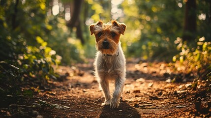Happy dog in park, terrier on a path in the park. Created with Generative Ai technology.