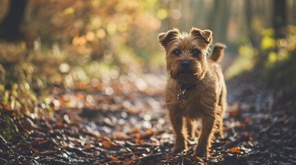 Happy dog in park, terrier on a path in the park. Created with Generative Ai technology.
