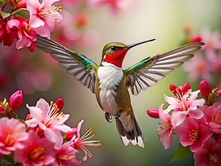 a Ruby-throated Hummingbird mid-flight, surrounded by vibrant blossoms.