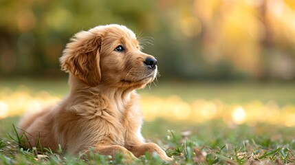 Obraz premium golden retriever in the grass, an adorable Golden Retriever puppy eagerly learning new commands, illustrating its intelligence and trainability