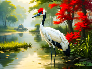 Fototapeta premium red-crowned crane in the lake