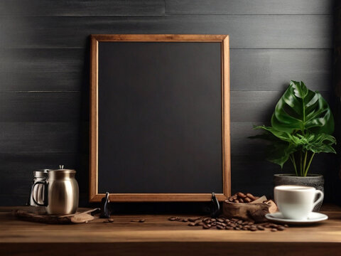 Blank blackboard with coffee cup and plant on wooden table in cafe. Created using generative AI tools