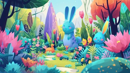  a digital painting of a bunny and rabbit in a forest filled with plants and flowers, with a blue bunny sitting in the middle of the grass and looking at the camera.