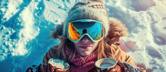 A girl with winter gear and food enjoys a break after skiing.