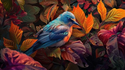 Obraz premium a colorful bird sitting on top of a tree filled with lots of green, red, orange and yellow leafy branches and leaves with water droplets on it's surface.