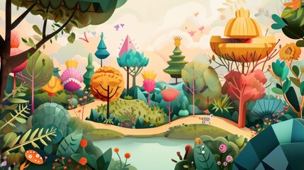  a painting of a colorful landscape with trees, bushes, and a body of water in the foreground with a yellow dome in the middle of the picture and a blue sky.