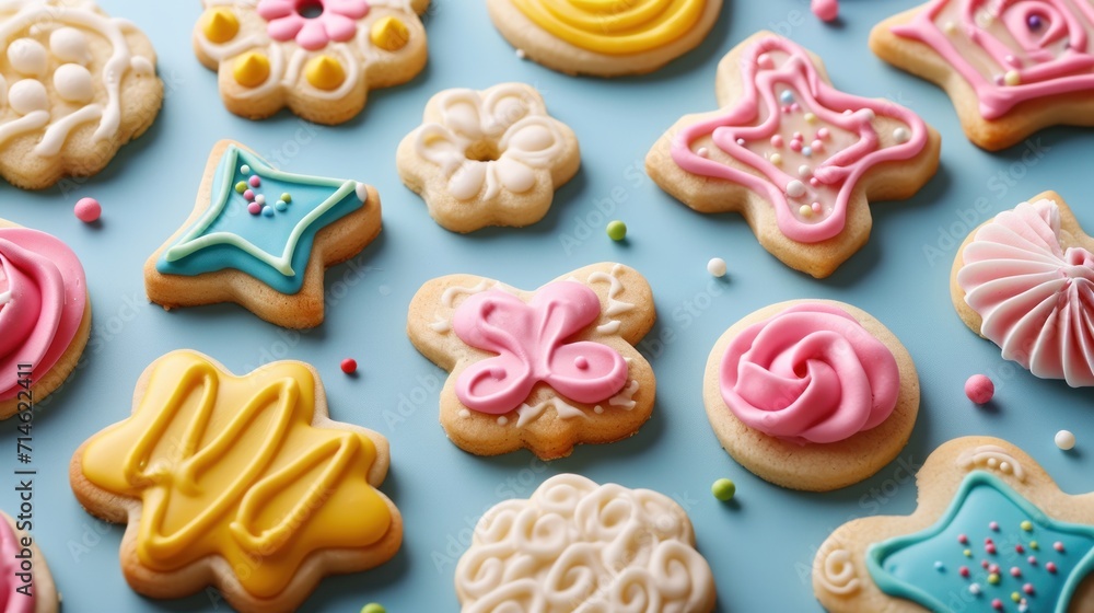 Poster a close up of a bunch of cookies on a table with icing and sprinkles on the top of the cookies and o